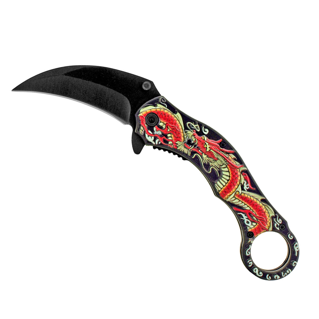 5” Karambit Fighting Style Folding Pocket Knife with Finger Grip Loop – Blood Red Fire